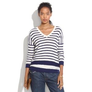 MADEWELL NWT Slub V-Neck Sweater in Stripe Block XS